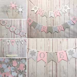 Winter 1st Birthday Party Package, Happy Birthday Party Package, Onederland Birthday, Pink Snowflake 1st Birthday, Winter Wonderland Party image 1