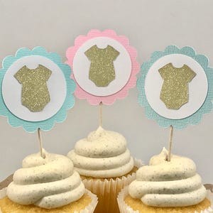 Baby Cupcake Toppers, Baby Bodysuit Cupcake, Gender Reveal Party, Baby Shower Cupcake, Mint Baby Shower, Pink and Blue Gender Reveal Decor image 2