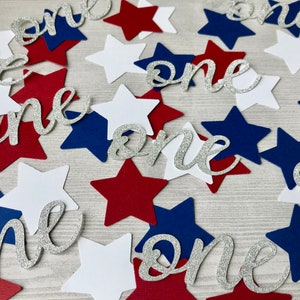 50 rot-weiße und blaue Stern-Konfetti, patriotischer 1. Geburtstag, kleine Feuerwerkskörper-Partydekoration, 4. Juli-Konfetti, Konfetti für einen Geburtstag