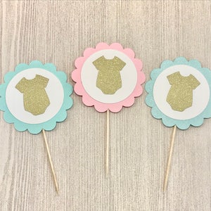 Baby Cupcake Toppers, Baby Bodysuit Cupcake, Gender Reveal Party, Baby Shower Cupcake, Mint Baby Shower, Pink and Blue Gender Reveal Decor image 1