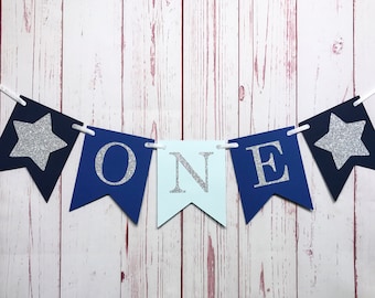 Highchair Banner, ONE High Chair, Blue and Silver, Birthday Banner, Boy 1st Birthday, Photo Prop, I am One, Silver Star, Twinkle Little Star