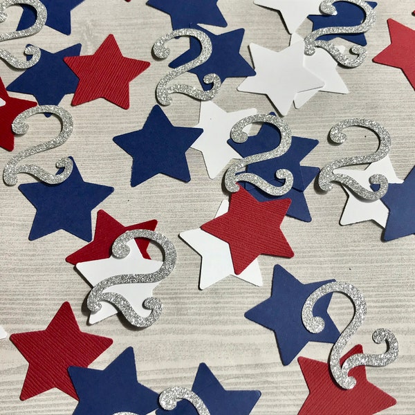 50 Red White and Two Birthday Confetti, Number 2 Confetti, Patriotic Birthday, Little Firecracker Party Decor, 4th of July Confetti