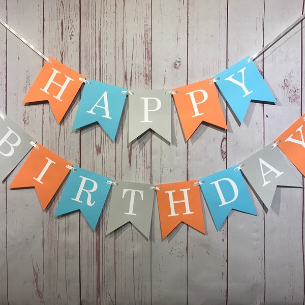 Happy Birthday, Boy 1st Birthday, Fall Birthday Decor, Blue and Orange, Boy Birthday Banner, Gray Birthday Banner, Orange Birthday, Autumn