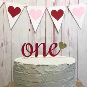 One Heart Cake Topper in Red and Gold, Valentines Day 1st Birthday Cake, Little Sweetheart 1st Birthday, First Birthday Cake Smash Topper