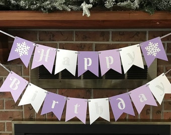 Snowflake Happy Birthday Banner, Purple Winter Onederland, Snowflake 1st Birthday, Winter Wonderland Party, Purple Birthday Banner, Silver