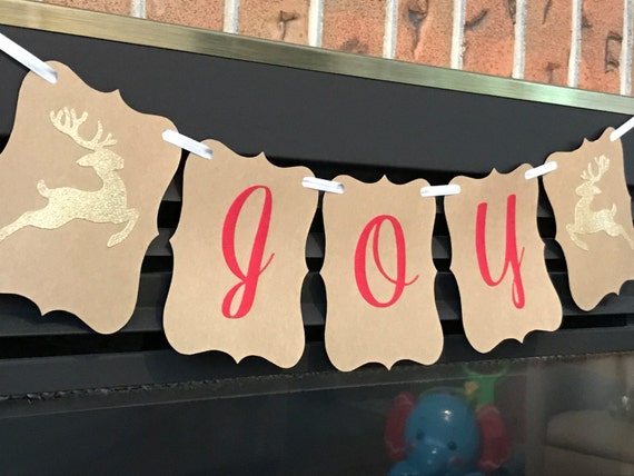 Joy Christmas Banner, Red & Gold, Christmas Decor, Holiday Sign, Christmas Sign, Rustic, Gold Glitter, Reindeer, Snowflake, Winter Sign Il_570xn