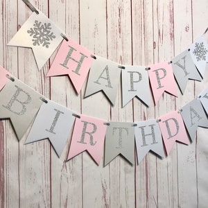 Happy Birthday Snowflake Banner, Pink Snowflake Birthday, Snowflake 1st Birthday, Winter Wonderland Party, Snowflake Birthday Decorations image 2