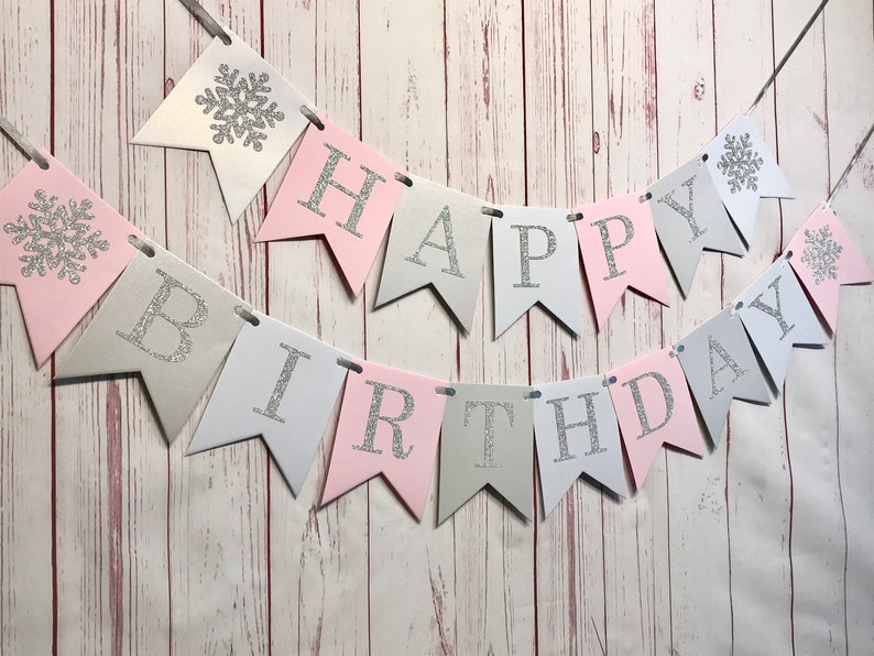 Happy Birthday Snowflake Banner, Pink Snowflake Birthday, Snowflake 1st Birthday, Winter Wonderland Party, Snowflake Birthday Decorations image 2