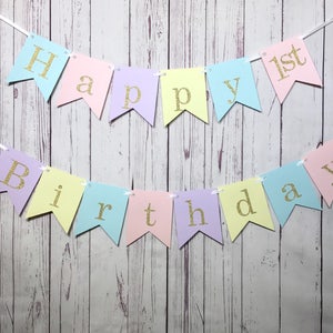 Pastel Happy Birthday Banner, 1st Birthday Girl Banner, Pastel Birthday Sign, Pastel Rainbow Party, Ice Cream Party, Spring First Birthday