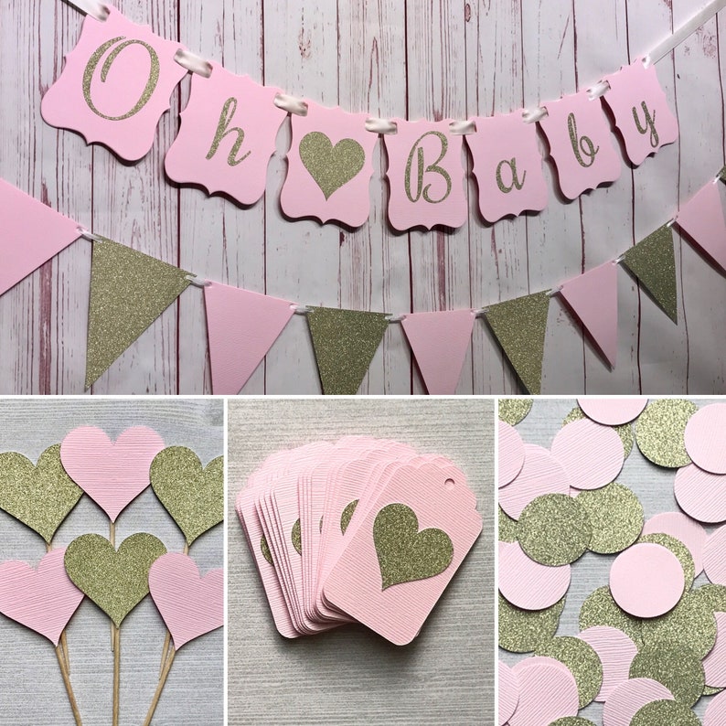Blush Baby Shower Package, Baby Shower Supplies, Pink and Gold Baby Shower, Pink Baby Shower, Oh Baby, Tickled Pink, Pink and Gold Hearts image 1