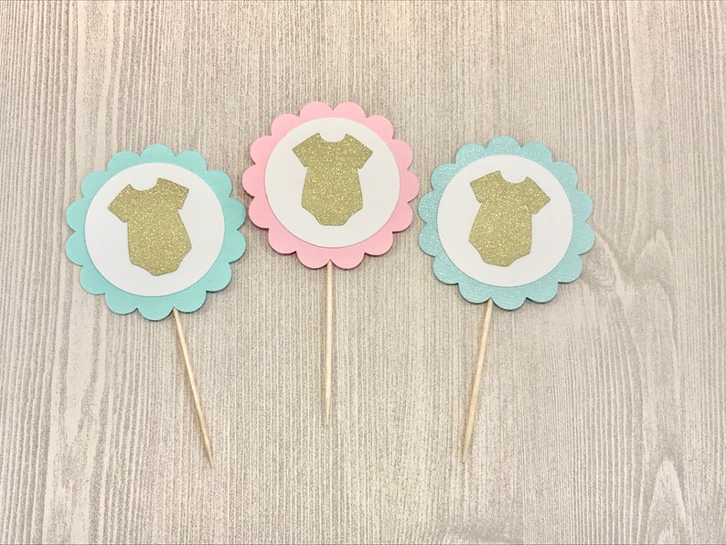 Baby Cupcake Toppers, Baby Bodysuit Cupcake, Gender Reveal Party, Baby Shower Cupcake, Mint Baby Shower, Pink and Blue Gender Reveal Decor image 1