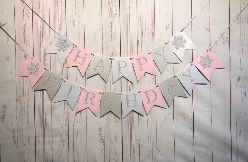 Happy Birthday Snowflake Banner, Pink Snowflake Birthday, Snowflake 1st Birthday, Winter Wonderland Party, Snowflake Birthday Decorations image 1