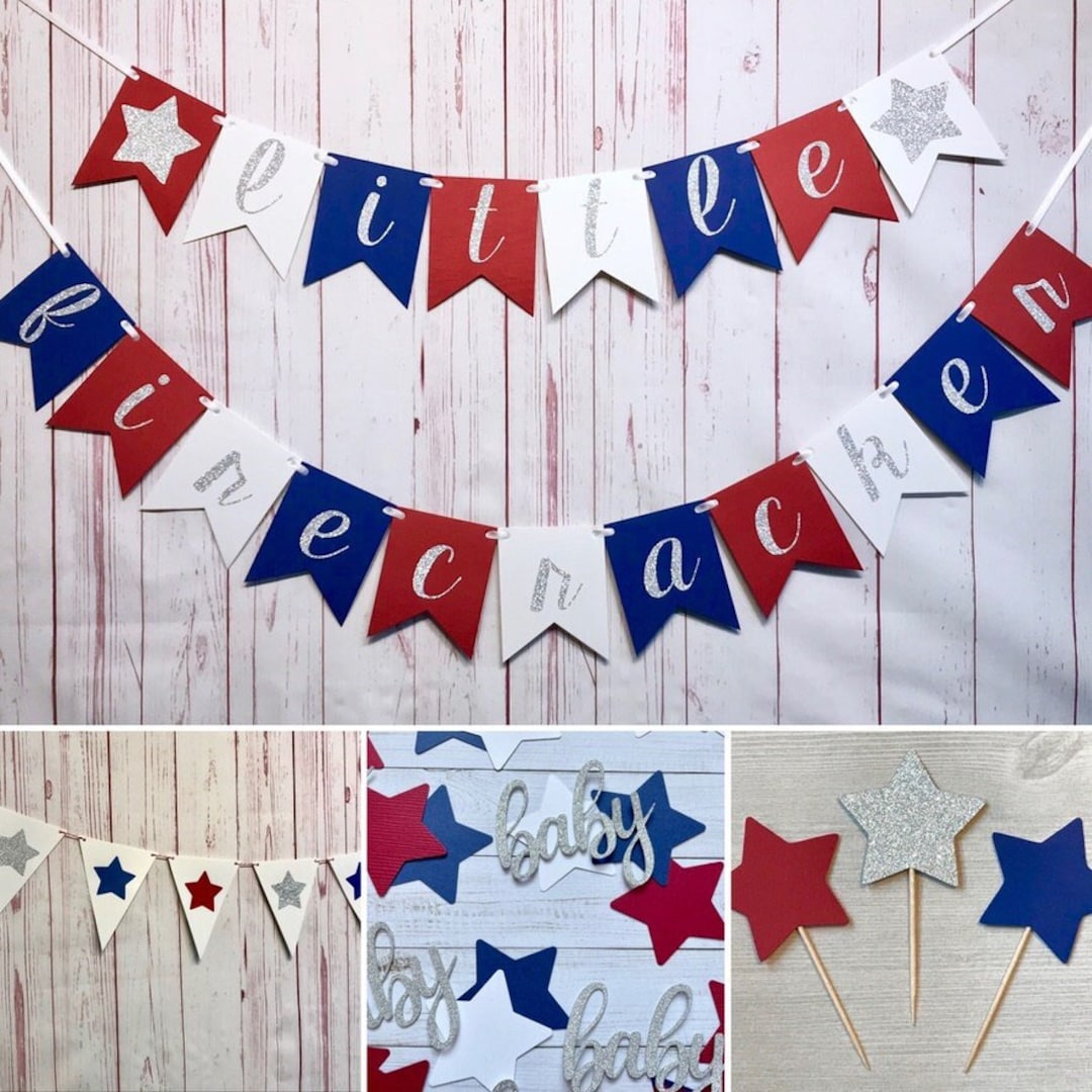 Little Firecracker Glitter Banner - Red & Blue 4th Of July Baby Shower Or 1st Birthday Decor