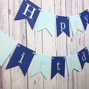 Happy Birthday Banner, 1st Birthday Boy, First Birthday, Cake Smash Photo, Blue Banner, Blue Party Decor, Personalized, Custom Name Banner image 2