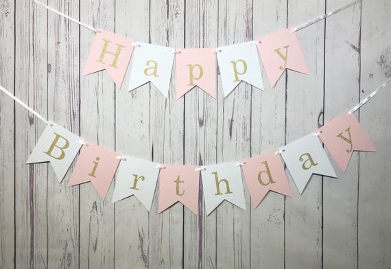 Happy Birthday Banner, First Birthday, 1st Birthday, Girl Birthday, Pink White Banner, Pink and Gold Glitter, I Am One, Personalized Name Il_570xn