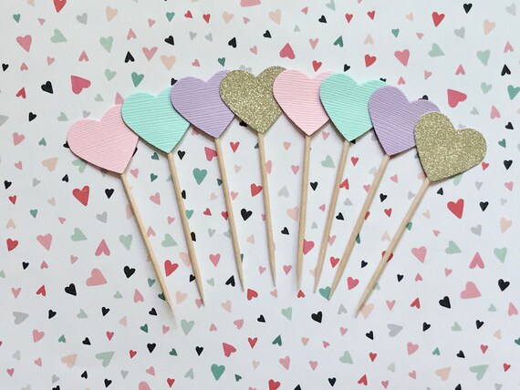 Pastel Heart Cupcake Toppers, Unicorn Party Decor, Pastel Rainbow, 1st Birthday Party, Cupcake Decoration, Baby Shower Topper, Glitter Heart Il_570xn