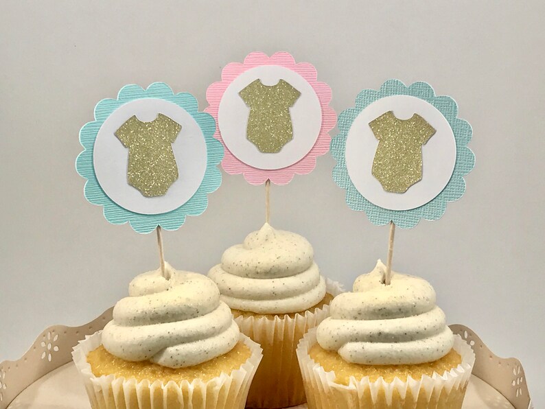 Baby Cupcake Toppers, Baby Bodysuit Cupcake, Gender Reveal Party, Baby Shower Cupcake, Mint Baby Shower, Pink and Blue Gender Reveal Decor image 2