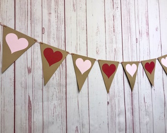Rustic Valentine Heart Bunting, Valentine Heart Banner, Valentine Decorations, Valentine's Day Banner, Red Heart Decoration, Red and Pink