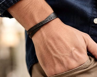 Personalized Double Strap Leather Bracelet for Men, Adjustable Engraved Bracelet, Custom Bible Verse Cuff, Christian Gift for Him