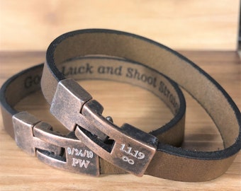 Personalized Leather Bracelet for Men: Engraved Copper Clasp, Hidden Message