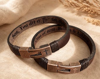Engraved Leather Cross Bracelet for Men, Custom Religious Gift, Personalized Secret Message Wristband