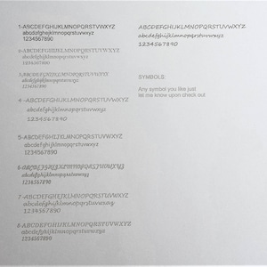 May include: A white background displays various font styles, including uppercase and lowercase alphabets, and numbers. The text samples showcase different typefaces, with the text "SYMBOLS: Any symbol you like just let me know upon check out."
