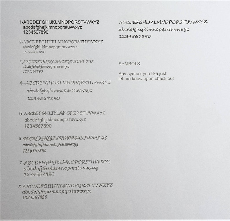 May include: A white background displays various font styles, including uppercase and lowercase alphabets, and numbers. The text samples showcase different typefaces, with the text "SYMBOLS: Any symbol you like just let me know upon check out."