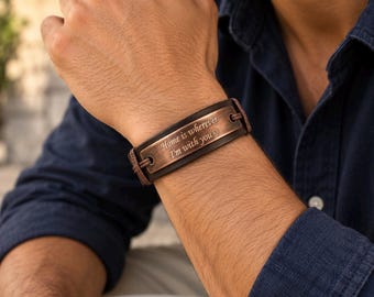 Personalized Leather Cuff Bracelet for Men,Engraved Antique Copper Bar Bracelet,Custom Message Wristband,316 Stainless Steel Fold Over Clasp