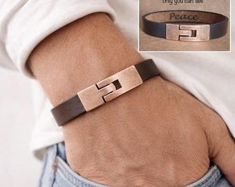 FREE SHIPPING-Men's Leather Bracelet, Personalized Secret message Bracelet for Men, Father's Day Gift, Engraved Jewelry For Men And Woman
