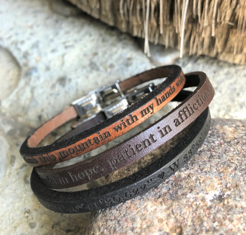 Coordinates Leather Bracelet Skinny Leather Bracelet Bible Verse Skinny Bracelet Hidden Message Cuff FREE SHIPPING-Personalized Bracelet
