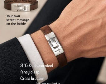 FREE SHIPPING-Personalized Men's Leather Bracelet, Secure Fancy 316 Stainless Steel Clasp  Christian Cross Engraved On It.