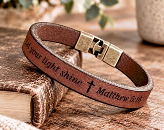 Personalized Bible Verse Leather Bracelet for Men, Matthew 5:16 Christian Wristband, Engraved Scripture Cuff, Religious Gift for Him