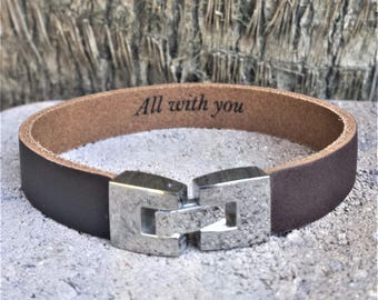 Personalized Brown Leather Bracelet: Stainless Steel Clasp, Custom Engraved Cuff