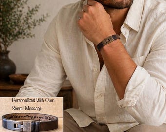 FREE SHIPPING-Personalized Leather Bracelet for Men, Custom Engraved Hidden Message Wristband