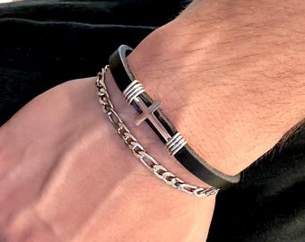 Men's Cross Leather Bracelet: Stainless Steel Christian Jewelry
