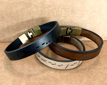 Pulsera de cuero con código Morse hecha a mano, regalo unisex personalizado