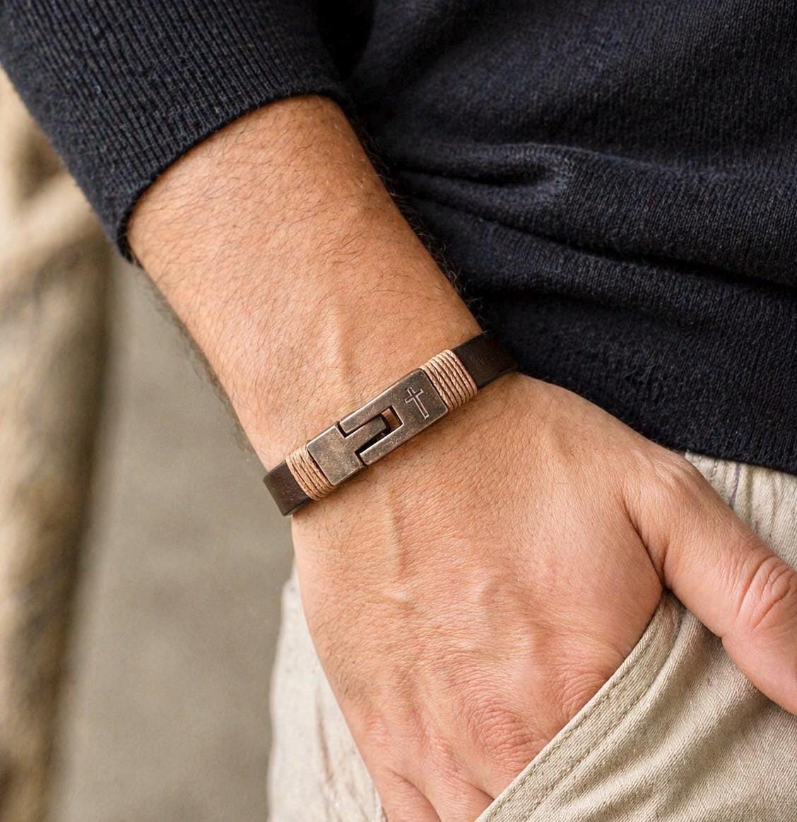 Men's Cross Leather Bracelet - Personalized Engraved Religious