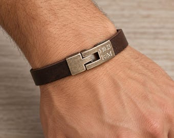 Personalized Men’s Leather Bracelet For Men, Engraved Clasp Bracelet, Custom Date & Initials, Secret Message Wrist Band, Gift for Him