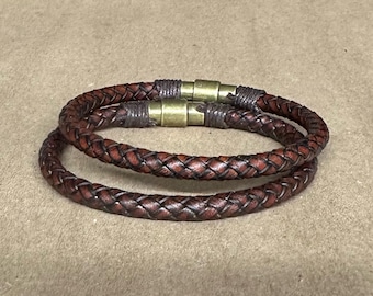 Handmade Braided Leather Bracelet for Men, Bronze Magnetic Clasp