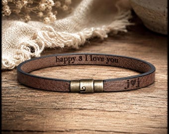 Minimalist Personalized Leather Bracelet For Men, Unisex Bracelet Engrave Hidden Message With Magnetic Clasp