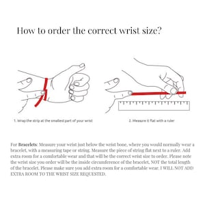 May include: Diagram illustrating how to measure wrist size for bracelets. The image shows a hand wrapping a strip around the wrist and then measuring it with a ruler. Text explains the process, emphasizing measuring just below the wrist bone.