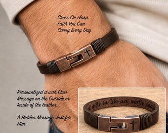 Personalized Men’s Leather Cross Bracelet, Secret Message Inside, Engraved Christian Bracelet, Faith Gift for Him