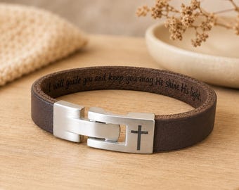 Personalized Leather Bracelet for Men With Cross Clasp, Engraved Bible Verse Inside Hidden, Christian Gift for Him,
