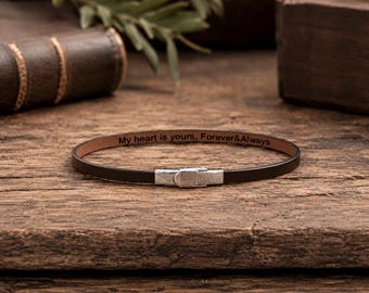 Personalized Extra Slim Leather Bracelet for Men, Engraved Bible Verse Wristband, Thin Minimalist Leather Band,
