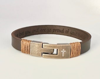 Pulsera de cuero con cruz para hombre - Joyería religiosa grabada personalizada, pulsera para hombre, joyería grabada para hombre y mujer