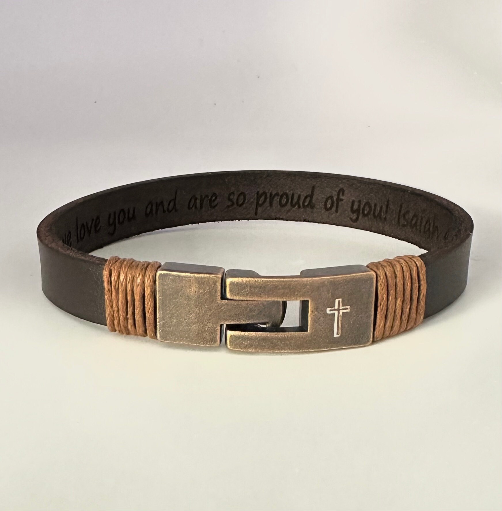 Men's Cross Leather Bracelet - Personalized Engraved Religious
