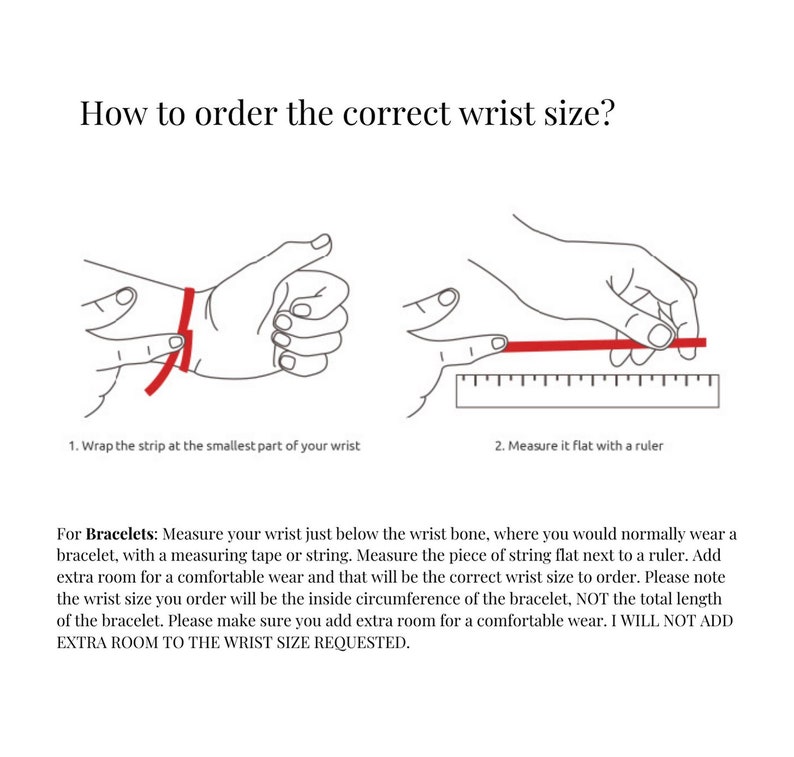 K&ouml;nnte beinhalten: Diagramm, das zeigt, wie man sein Handgelenk f&uuml;r ein Armband misst. Wickeln Sie ein Ma&szlig;band oder eine Schnur um Ihr Handgelenk, direkt unterhalb des Handgelenkknochens. Messen Sie die Schnur mit einem Lineal. F&uuml;gen Sie zus&auml;tzlichen Platz f&uuml;r eine bequeme Passform hinzu. Die Messung, die Sie erhalten, ist der innere Umfang des Armbands, nicht die Gesamtl&auml;nge.