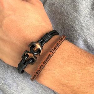 Custom Leather Bracelet Set: Engraved Skinny Band & Anchor Bracelet
