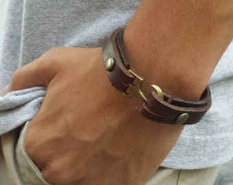 Anchor Hook Leather Bracelet for Men, Handmade Leather Cuff Bangle