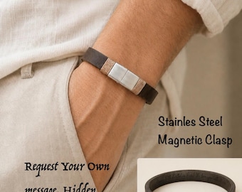 Personalized Leather Bracelet For Men With Hidden Message And Stainless Steel Magnetic Silver Clasp